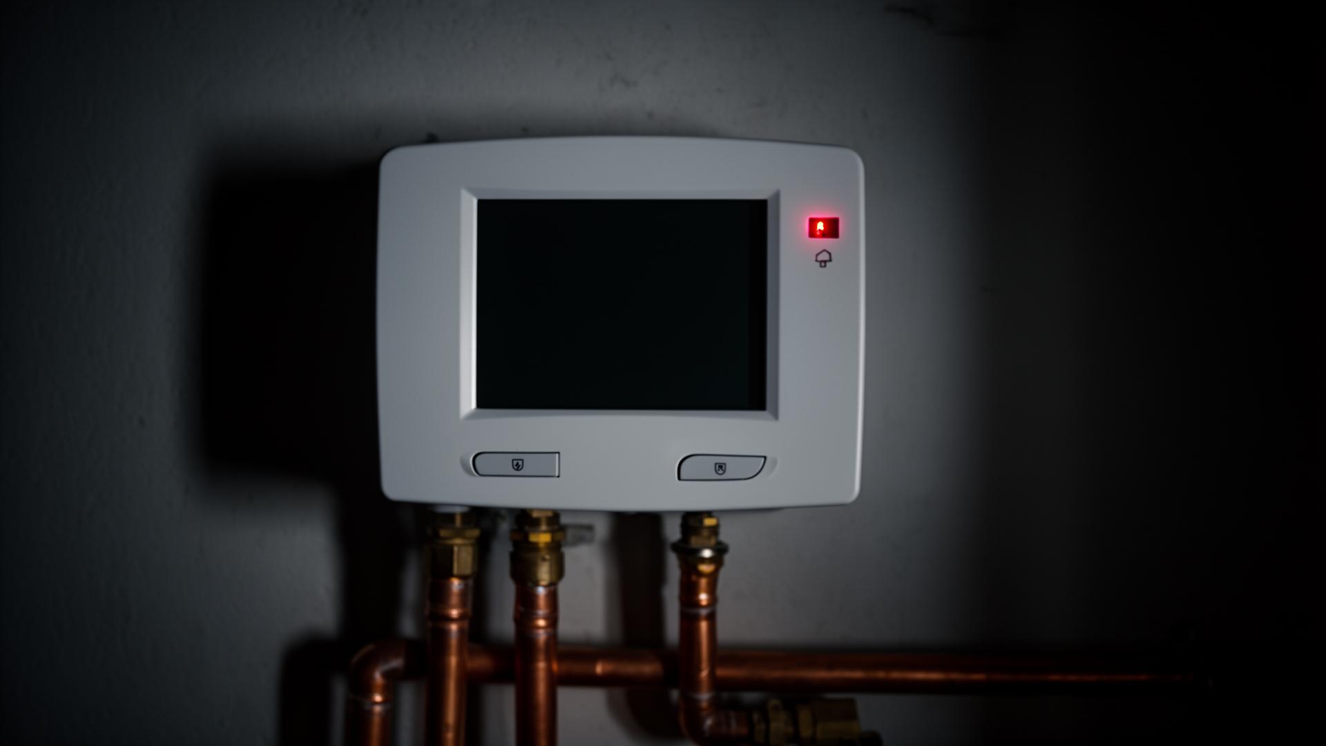 Boiler control panel with a red warning indicator illuminated in low light